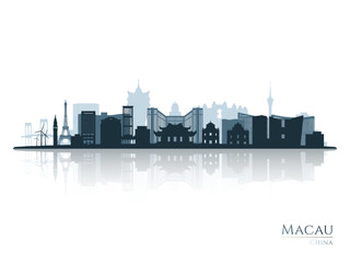 Macau skyline silhouette with reflection. Landscape Macau, China. Vector illustration.