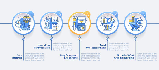 Emergency preparedness tips circle infographic template. Avoid risks. Data visualization with 5 steps. Editable timeline info chart. Workflow layout with line icons. Lato-Bold, Regular fonts used