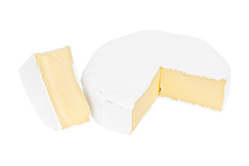 Round camembert cheese on a white background.