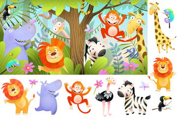 Jungle animals for kids, Cute safari background with lion, hippo zebra monkey and many others, plus clipart collection. - 519379541