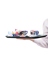 tray waiter with coffee cups-