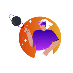Metaverse digital cyber world technology, woman with virtual reality VR goggle playing AR augmented reality game and entertainment. Flat vector.