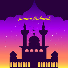 Arab building view from under the arch against the background of a bright night sky with stars and the inscription Jumma Mubarak