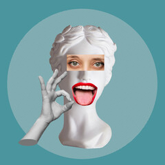 Antique female statue's head shows tongue and the ok gesture with hand isolated on a teal blue color background. Trendy abstact collage in magazine surreal style. 3d contemporary art. Modern design