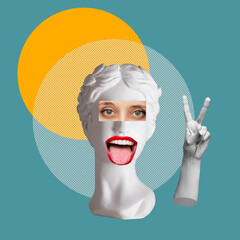 Antique female statue shows peace gesture with hands and tongue isolated on teal blue and yellow color background. Trendy abstact collage in magazine surreal style. 3d contemporary art. Modern design