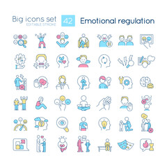 Emotional regulation RGB color icons set. Control and manage feelings. Mental health. Isolated vector illustrations. Simple filled line drawings collection. Editable stroke. Quicksand-Light font used
