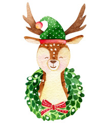Watercolor Christmas illustration. Cute Reindeer new year graphics. Deer holiday character design. Winter Christmas elements isolated. Christmas tree, leaves, poinsettia  