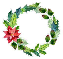 Fototapeta premium Watercolor Christmas illustration wreath. Green frame new year graphics. Holiday poinsettia design. Winter Christmas elements isolated. Christmas tree, leaves, greenery 