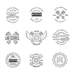 Set of auto service, repair labels black color isolated on white background. Stamps, banners and design elements for you business. Vector illustration