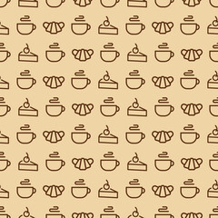 Sweets seamless pattern consisting of croissant, cup of tea, cake line style on yellow background for bakery, cafe, cupcake firm, coffee shop, loaf store, bread house, food market. Vector Illustration