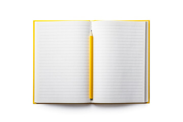 Empty notebook and yellow pencil isolated on white background