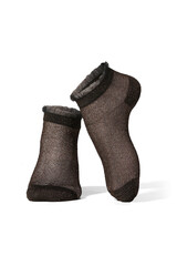 Close-up shot of black transparent glitter mesh ruffle trim socks. The pair of ruffle ankle lurex socks is isolated on a white background. Front view.