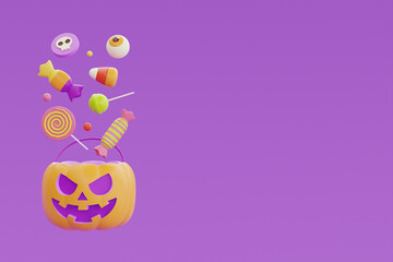 Happy Halloween with pumpkin basket full of colorful candies and sweets floating on purple background, traditional october holiday, 3d rendering.