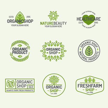 Organic shop and fresh farm logo set line style isolated on background for vegan cafe, eco shop, ecology company, green unity, nature firm, natural product, garden, farming. Vector Illustration