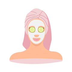 Face of a girl with a facial mask with a towel on her head and cucumber slices on her eyes on an isolated white background vector illustration