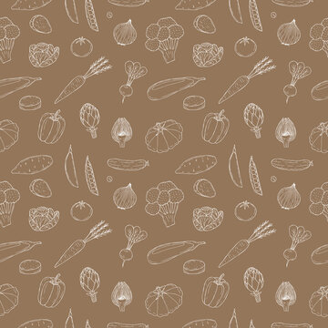 Vegetables seamless pattern vector illustration, hand drawing colored brown background