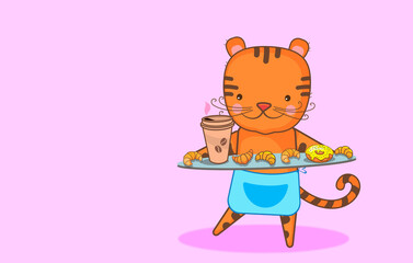 


Animals. Funny little tiger cub brings hot coffee and croissants.