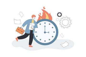 Corporate worker running in hurry near burning clock. Stress and lack of time of tiny busy man flat vector illustration. Deadline, burnout concept for banner, website design or landing web page