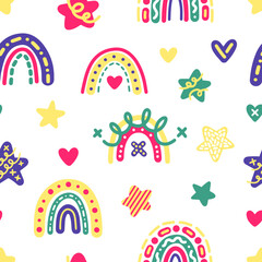 Bright festive vector pattern in scandinavian style. Juicy colors, cartoon doodles. Kawaii rainbows, stars and hearts with swirls for prints, babies, gifts, textiles, cards, wrappers, interior, decor