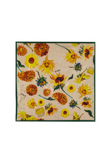 Close-up shot of a sunflower print bandana handkerchief. The yellow bandana handkerchief with floral print is isolated on a white background. Top view. Unfolded.