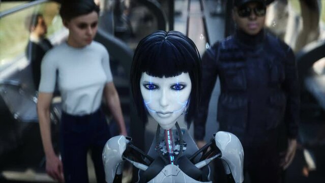 Female robot in flying futuristic train. Futuristic city. flying car traffic. megapolice. Future concept. Realistic 4k animation.