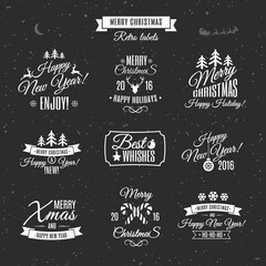 Merry Christmas white vintage label set isolated on magic background. Happy New Year. Vector Illustration