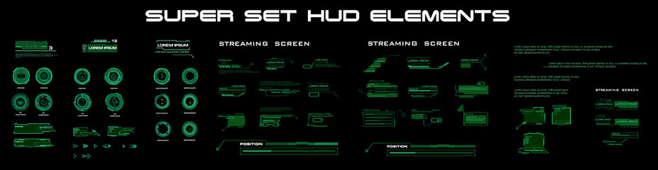 Modern dialog HUD interface elements super set. Digital dialing for streaming messaging. Screens, dialogue callouts, pointer arrows, navigation elements for video games and communication