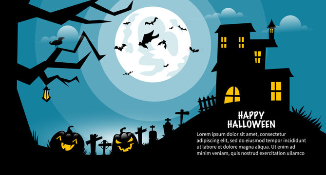 Halloween night background, dark pumpkin and castle. Vector illustration.