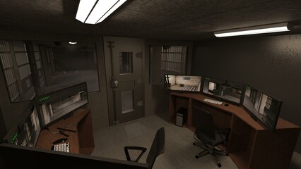 3D-Illustration of the monitor room of a prison