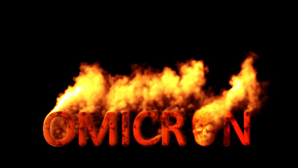Text omicron with man skull burning on black bg, isolated - abstract 3D illustration