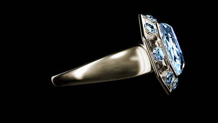 goldish ring with blue topaz or diamond jewel, isolated, fictive design - object 3D rendering