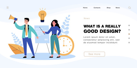 Office person with idea and businessman speaking into megaphone. Woman with business plan flat vector illustration. Time management, deadline, startup, marketing concept for banner or landing web page