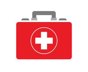 First Aid Box. Red first aid kit flat icon isolated on white background Vector illustration. First aid kit with white cross. Health bag. Healcare, Hospital and medical concept. Rescue system.