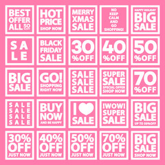 Black friday sale and Merry Christmas sale banner set for stocks such as black friday, promotion, special offer, advertisement, hot price and discount poster isolated on pink background -stock vector