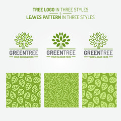 Green tree set consisting of logo and leaves pattern three styles for natural product store, ecology company, organic shop, nature firm, green unity, garden, farming, forest. Vector Illustration
