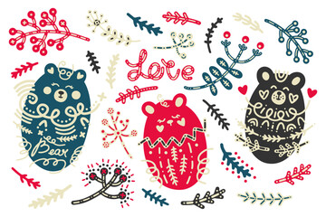 Big holiday vector collection in scandinavian folk style. Cute cartoon drawn bear cubs with ornaments, flowers and inscriptions for patterns, posters, postcards, textiles, decor, interior, nursery © Libradaria