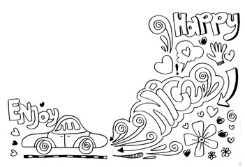 Fototapeta na wymiar Cartoon car blowing exhaust smoke with nice and happy lettering. Hand drawn sketch illustration.