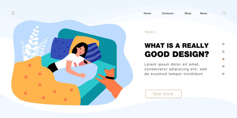 Smiling mother lying in bed while hugging little baby. Cute dog looking at woman with child flat vector illustration. Family, motherhood, care, pets concept for banner, website design or landing page