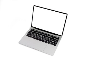 Front view of Laptop with blank screen in angled position. Blank white screen display for mockup...