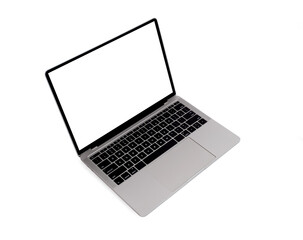 Front view of Laptop with blank screen in angled position. Blank white screen display for mockup...