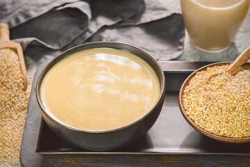 Arabic Cuisine; Egyptian traditional Tahini Sauce with sesame seeds.