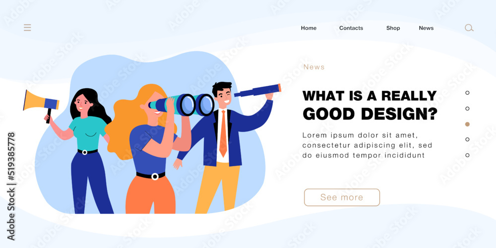 Wall mural Office workers holding megaphone, binoculars and spyglass. Business people searching for new opportunities or employees flat vector illustration. HR, recruitment, career concept for banner