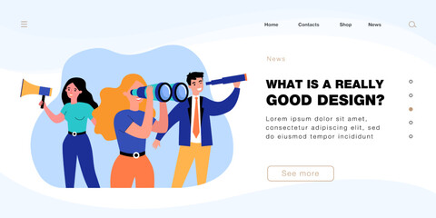 Office workers holding megaphone, binoculars and spyglass. Business people searching for new opportunities or employees flat vector illustration. HR, recruitment, career concept for banner