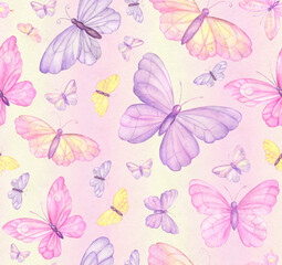 Butterflies are colorful, of different colors, on a multicolored background. Watercolor seamless pattern.