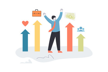Increase in wealth, success in love, career and society of man. Tiny businessman and statistics arrows growth flat vector illustration. Progress concept for banner, website design or landing web page