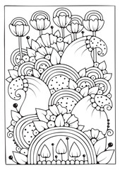 Art therapy for children and adults. Vector background with flowers for coloring. Coloring book page.