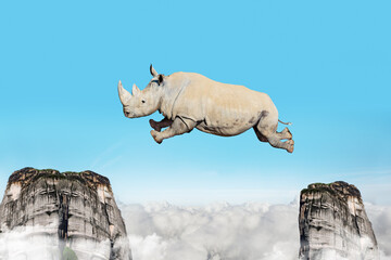 Concept of heavy rhinoceros jump between mountains rocks © Sergey Novikov