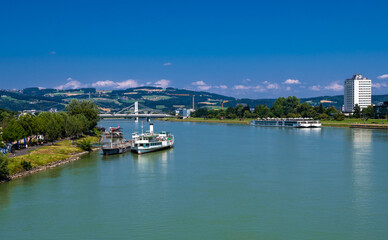 Fototapeta na wymiar Cruise ships On Danube River In The City Of Linz In Austria