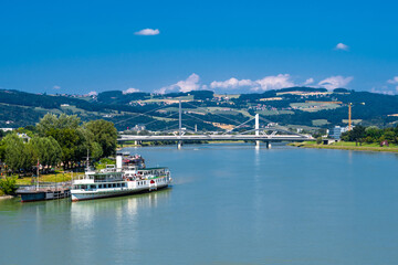 Naklejka premium Cruise ships On Danube River In The City Of Linz In Austria