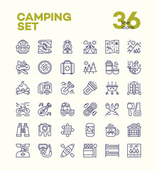 Camping and hiking icons set line style consisting of camp and travel equipment for expedition label, explore emblem, tourist symbol, travel badge, hiking sticker, climbing, poster, banner.